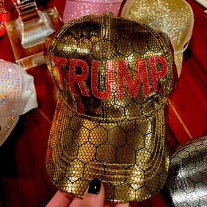 NWT Gold TRUMP bling, Red rhinestone, metallic honeycomb print baseball cap MAGA